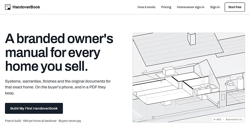 Screenshot of the HandoverBook homepage