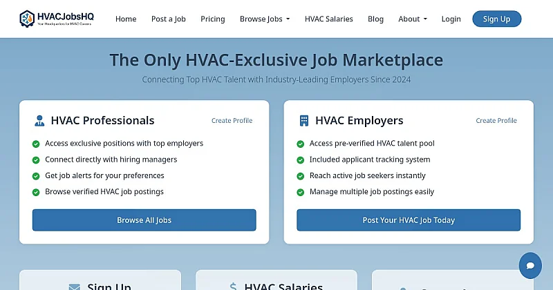 Screenshot of the HVACJobsHQ homepage