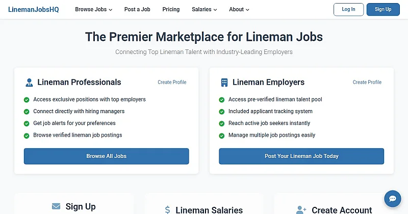 Screenshot of the LinemanJobsHQ homepage