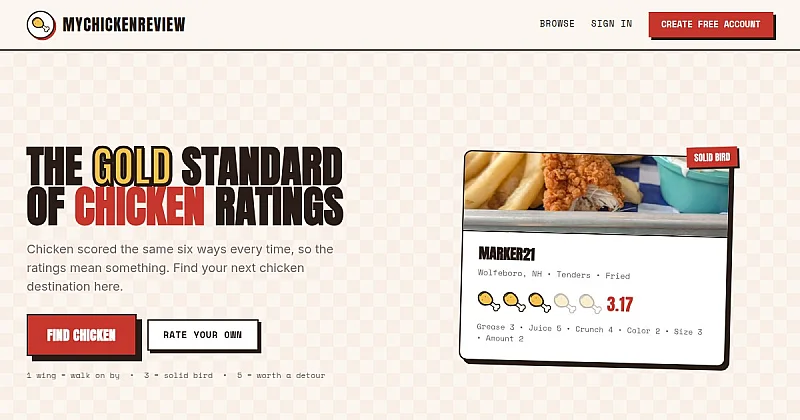 Screenshot of the MyChickenReview homepage