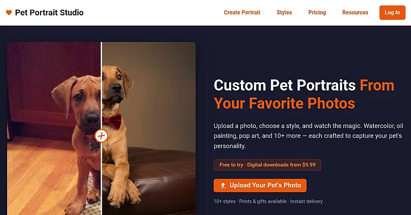 Screenshot of the PetPortraitsAI homepage